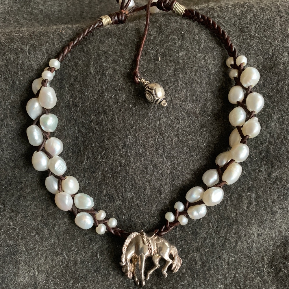 Sterling Silver, fresh water pearl Horse Necklace.